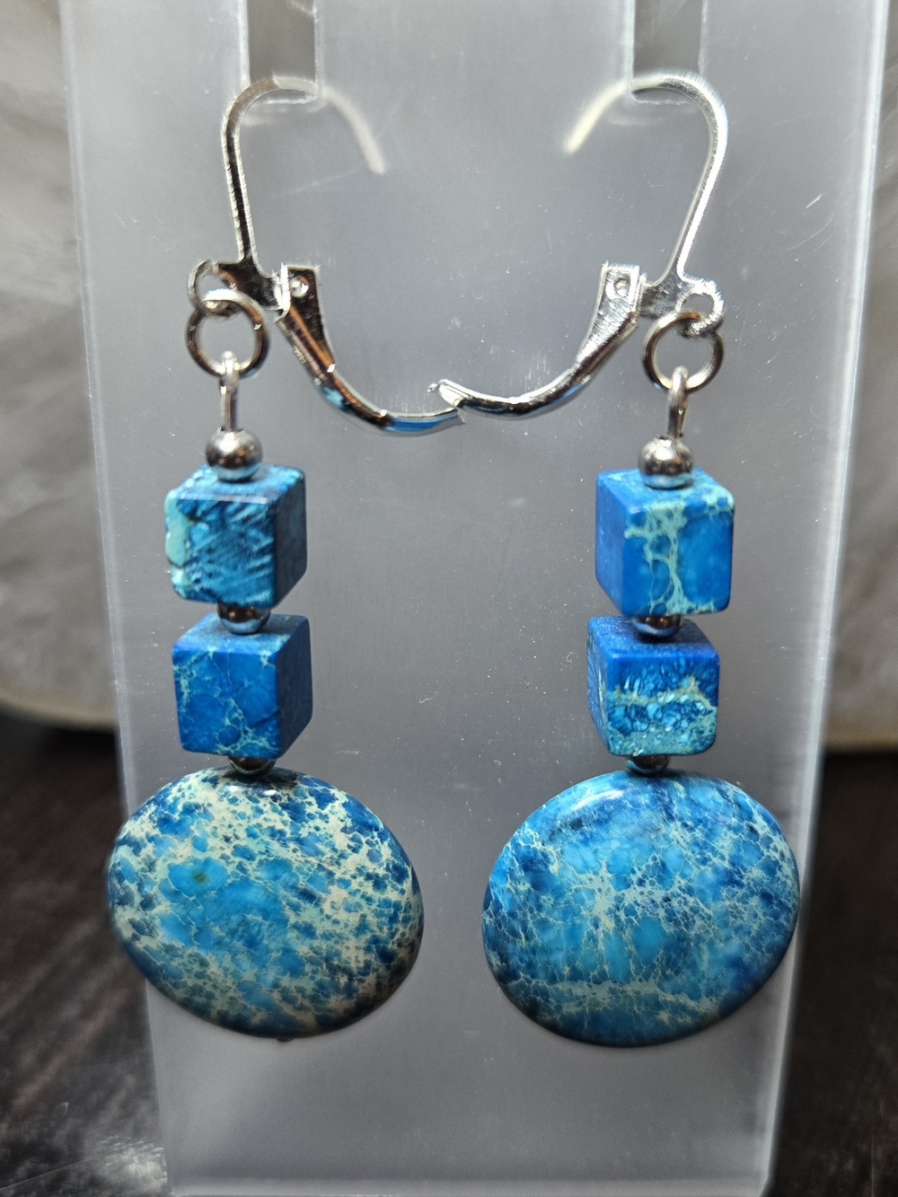 Cobalt Blue Marbled Sea Sediment Jasper Drop Earrings - Women Jewelry - Picture 2 of 2